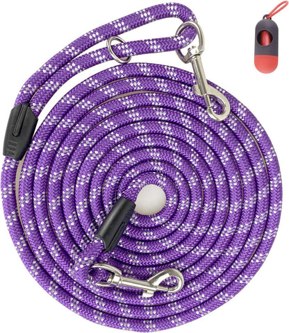 Long Rope Dog Leash for Dog Training 12FT 20FT 30FT 50FT, Reflective Threads Dog Cat Leashes Tie-Out Check Cord Recall Training Agility Lead for Large Medium Small Dogs (Purple, 10Mm*12Ft,)