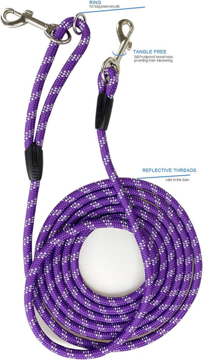 Long Rope Dog Leash for Dog Training 12FT 20FT 30FT 50FT, Reflective Threads Dog Cat Leashes Tie-Out Check Cord Recall Training Agility Lead for Large Medium Small Dogs (Purple, 10Mm*12Ft,)