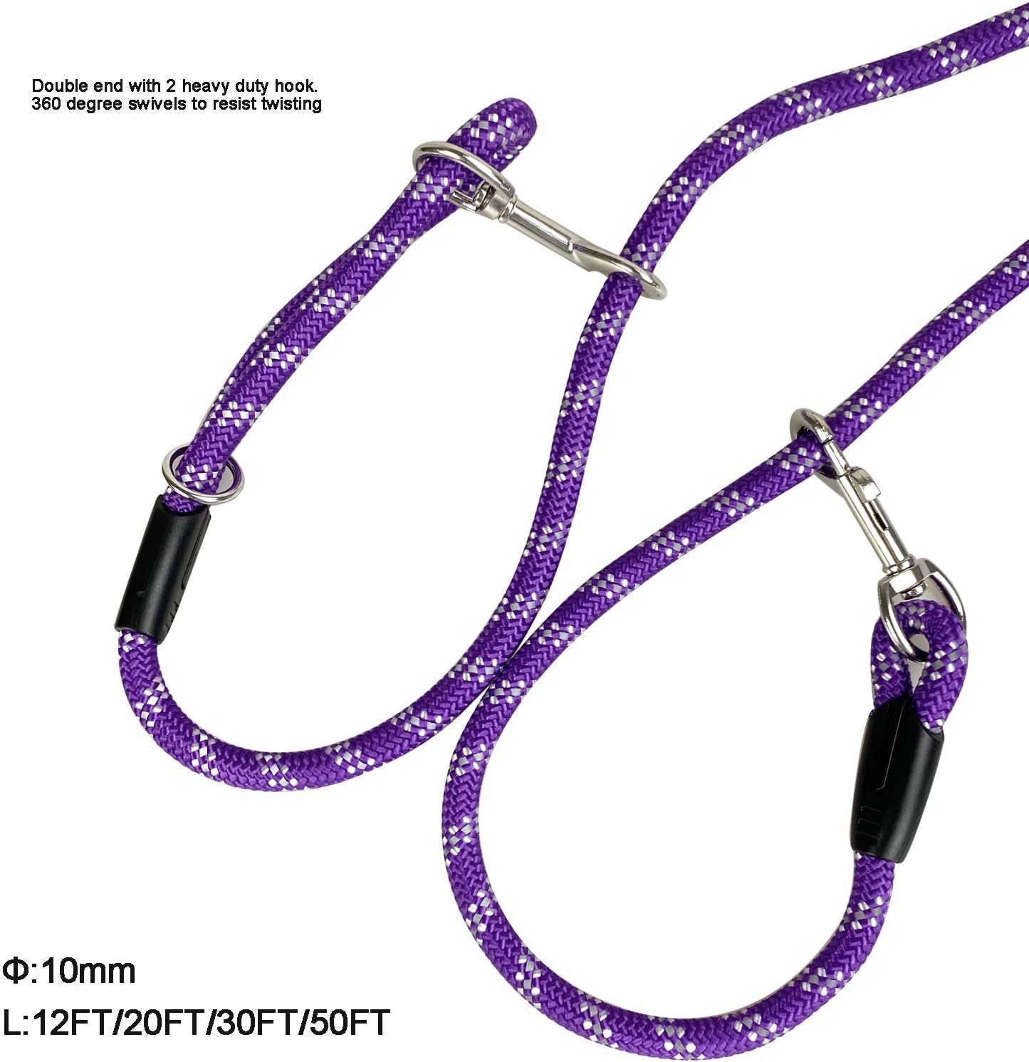 Long Rope Dog Leash for Dog Training 12FT 20FT 30FT 50FT, Reflective Threads Dog Cat Leashes Tie-Out Check Cord Recall Training Agility Lead for Large Medium Small Dogs (Purple, 10Mm*12Ft,)