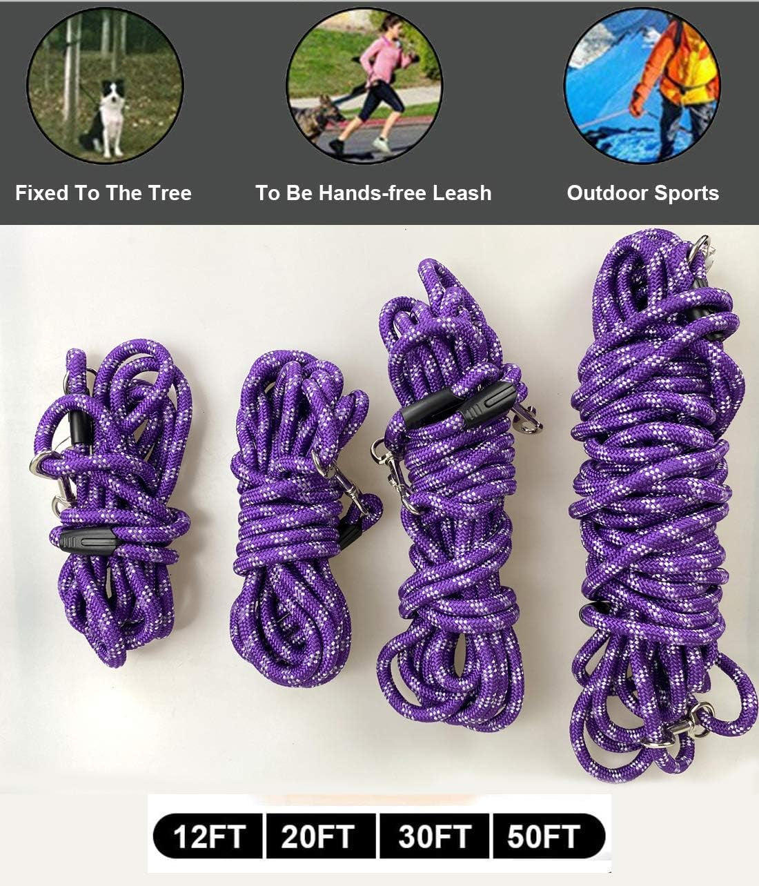 Long Rope Dog Leash for Dog Training 12FT 20FT 30FT 50FT, Reflective Threads Dog Cat Leashes Tie-Out Check Cord Recall Training Agility Lead for Large Medium Small Dogs (Purple, 10Mm*12Ft,)