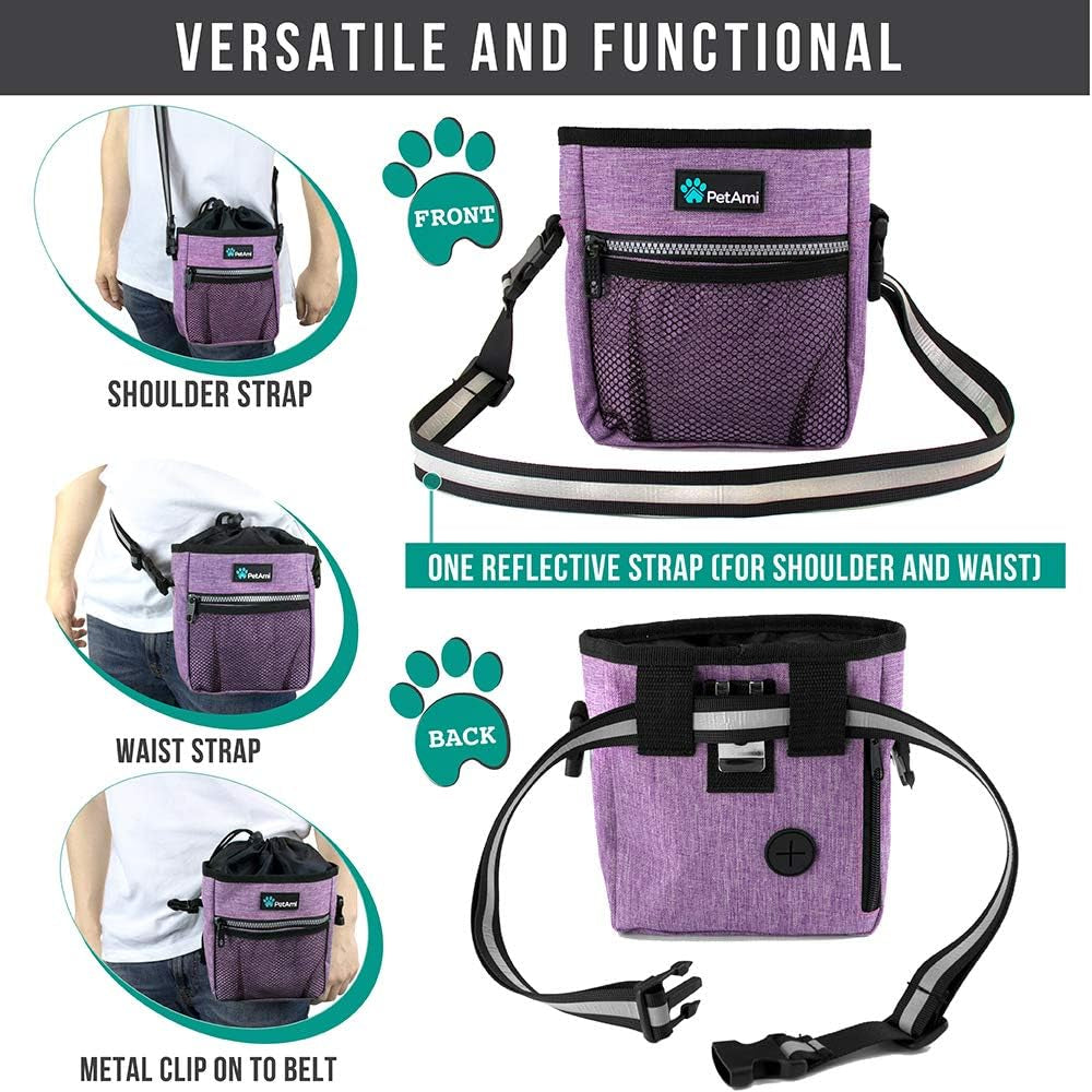 Dog Treat Pouch, Pet Treat Pouch for Training, Dog Walking Bag Holder for Kibbles, Pet Food Toy, Dog Trainer Essentials Supplies, Poop Bag Dispenser, 3 Ways to Wear (Purple)